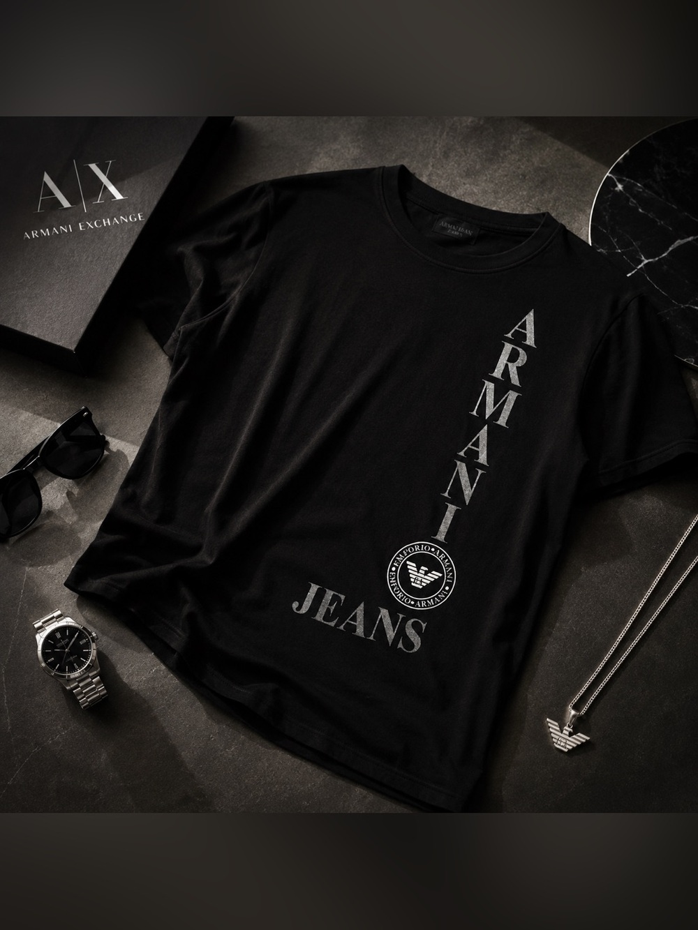 Armani Jeans Black Logo Graphic T-Shirt | Men’s Medium | Designer Luxury